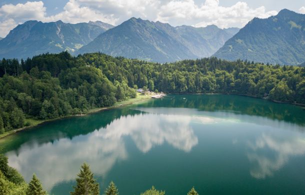 Großer See mit ruhiger Wasseroberfläche, umgeben von dichtem Wald.