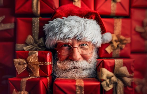 Weihnachtsmann zwischen den Geschenken beim SKL Weihnachtsjoker