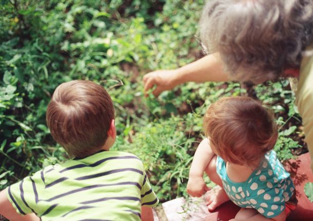 Eine Familie im Garten, eine Mutter mit zwei Kindern, die gemeinsam Pflanzen oder Früchte pflücken.