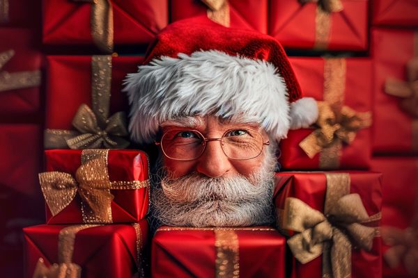 Weihnachtsmann zwischen den Geschenken beim SKL Weihnachtsjoker