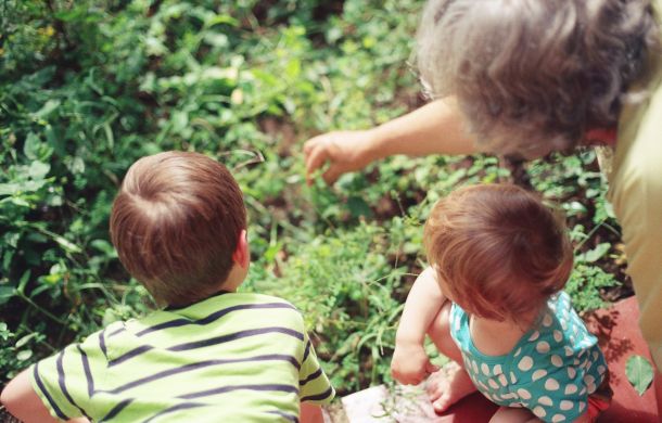 Eine Familie im Garten, eine Mutter mit zwei Kindern, die gemeinsam Pflanzen oder Früchte pflücken.